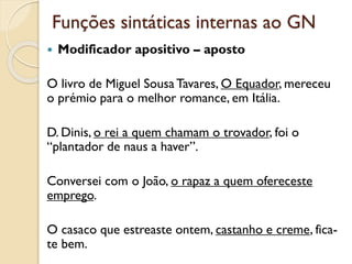 Funções sintáticas internas ao GN
 Modificador apositivo
a. O livro de Miguel SousaTavares, O Equador,
mereceu o prémio para o melhor romance, em
Itália.
b. D. Dinis, o rei a quem chamam o trovador, foi
o “plantador de naus a haver”.
c. Conversei com o João, o rapaz a quem
ofereceste emprego.
d. O casaco que estreaste ontem, castanho e
creme, fica-te bem.
 