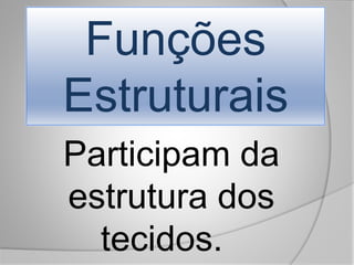 Funções
Estruturais
Participam da
estrutura dos
tecidos.
 