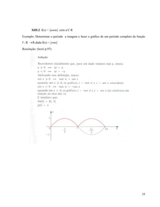 35
XIII.2. f(x) = asenx com a Є R
Exemplo: Determinar o período a imagem e fazer o gráfico de um período completo da função
f : R R.dada f(x) =. senx
Resolução: (Iezzi p.97)
 