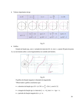 50
 Valores importantes da tgx
Fig 33
 Gráfico
Estudo da função tgx, com x variando do intervalo ]0, ∞[, isto é , o ponto M parte da ponta
A e se movimenta sobre o ciclo trigonométrico no sentido anti-horário.
Fig 34
O gráfico da função tangente é chamado de tangentoíde.
"Observando o gráfico concluímos que:
 o domínio da função tgx é D ={x Є R/ x  

k2
2
 }, com k Є Z.
 a imagem da função tgx é o intervalo ]- ∞, +∞[, isto é -∞ < tgx < ∞.
 o período da função tangente de x p = π .
 