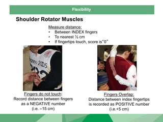 Flexibility
Shoulder Rotator Muscles
Measure distance:
• Between INDEX fingers
• To nearest ½ cm
• If fingertips touch, score is“0”
Fingers do not touch:
Record distance between fingers
as a NEGATIVE number
(i.e. –15 cm)
Fingers Overlap:
Distance between index fingertips
is recorded as POSITIVE number
(i.e.+5 cm)
 