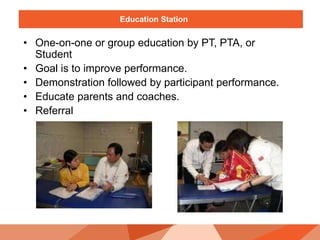 Education Station
• One-on-one or group education by PT, PTA, or
Student
• Goal is to improve performance.
• Demonstration followed by participant performance.
• Educate parents and coaches.
• Referral
 