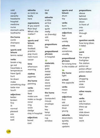 cold adverbs kind sports and prepositions
cough as (sick) as OK leisure above
earache badly drum behind
headache here
adverbs
toy between
a little
hospital
expressions at first verbs down
medicine
If you want! only burn in front of
nurse
Poor boy! quite come from into
stomach-ache
What's the really
past
toothache adjectives through
matter? so (friendly)
flat up
the home 34 still
hard
comb sports and very
untidy question words
shampoo leisure
prepositions
how long (does
soap diary adverbs it take)
football
like
often
sports and 37
leisure
practice prepositional sometimes work
tennis racket
pop music phrases usually fire
rock music in hospital
prepositional fire engine
verbs soccer 35 phrases firefighter
break a leg
time materials for a long time fire station
go red
afternoon glass in the middle of police car
have/take a gold police officer
temperature morning
metal 36
police station
have (got) clothes the home
paper
hurt pyjamas plastic
light places
lie down silver school shopping
make the home centre
painting stone the opposite
slide
something stop wood
taste nice verbs verbs visitor
wool
touch collect mean
other nouns
feed the home must
adjectives
card
age
better make sure adjectives
make us laugh (computer)
first
verbs
broken
ask for
mind mouse
old
fine envelope information
ill nng
fan
second
dress up
normal score third
sledge key lose
pleased lamp
young
slide down
sick stay in hospital
mirror adverbs telephone
sore adjectives rug downstairs test
well bored window quickly work
cool slowly
upstairs
�
 