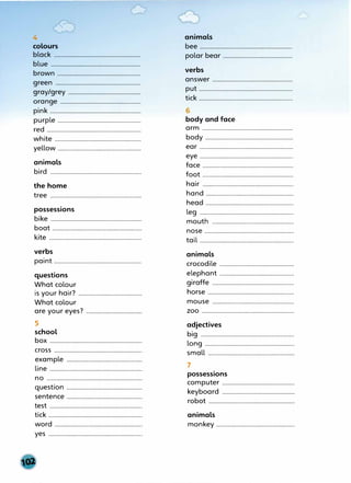 4
colours
black .........................................................
blue ...........................................................
brown .......................................................
green ........................................................
gray/grey ................................................
orange .....................................................
pink ............................................................
purple .......................................................
red ..............................................................
white .........................................................
yellow .......................................................
animals
bird ............................................................
the home
tree ............................................................
possessions
bike ............................................................
boat ...........................................................
kite .............................................................
verbs
paint ..........................................................
questions
What colour
. h . 7
1s your air. ..........................................
What colour
are your eyes? .....................................
5
school
box .............................................................
cross ..........................................................
example ..................................................
line .............................................................
no ...............................................................
question ..................................................
sentence ..................................................
test .............................................................
tick ..............................................................
word ..........................................................
yes ..............................................................
animals
bee .............................................................
polar bear ..............................................
verbs
answer .....................................................
put ..............................................................
tick ..............................................................
6
body and face
arm ............................................................
body ..........................................................
ear ..............................................................
eye ..............................................................
face ............................................................
foot ............................................................
hair ............................................................
hand ..........................................................
head ..........................................................
leg ..............................................................
mouth ......................................................
nose ...........................................................
tail ..............................................................
animals
crocodile .................................................
elephant .................................................
giraffe ......................................................
horse .........................................................
mouse ......................................................
zoo .............................................................
adjectives
b.19 ..............................................................
long ...........................................................
small .........................................................
7
possessions
computer ................................................
keyboard .........................-.......................
robot ..............................................:..........
animals
monkey ....................................................
 