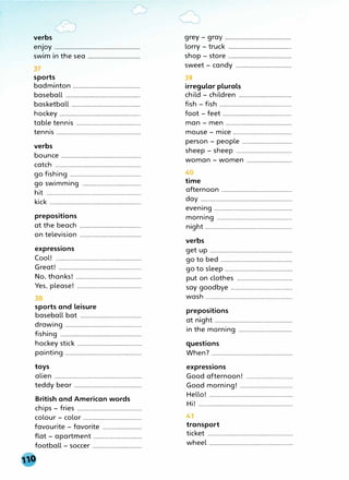 - ,.,- )
r,
��
verbs
enjoy .........................................................
swim in the sea ...................................
37
sports
badminton .............................................
baseball ..................................................
basketball ..............................................
hockey ......................................................
table tennis ...........................................
tennis ........................................................
verbs
bounce .....................................................
catch .........................................................
go fishing ...............................................
go swimming .......................................
hit ...............................................................
kick .............................................................
prepositions
at the beach .........................................
on television .........................................
expressions
Cool! .........................................................
Great! .......................................................
No, thanks! ............................................
Yes, please! ...........................................
38
sports and leisure
baseball bat .........................................
drawing ...................................................
fishing ......................................................
hockey stick ...........................................
painting ...................................................
toys
alien ..........................................................
teddy bear .............................................
British and American words
chips - fries ...........................................
colour - color .......................................
favourite - favorite ..........................
flat - apartment ................................
football - soccer .................................
grey - gray ............................................
lorry - truck ..........................................
shop - store ..........................................
sweet - candy .....................................
39
irregular plurals
child - children ...................................
fish - fish ................................................
foot - feet ..............................................
man - men ............................................
mouse - mice .......................................
person - people .................................
sheep - sheep .....................................
woman - women
40
time
afternoon ...............................................
day .............................................................
evening ....................................................
morning ..................................................
night ..........................................................
verbs
get up .......................................................
go to bed ................................................
go to sleep .............................................
put on clothes .....................................
say goodbye .........................................
wash ..........................................................
prepositions
at night ....................................................
in the morning ....................................
questions
When? ......................................................
expressions
Good afternoon!
Good morning! ...................................
Hello! ........................................................
Hi! ...............................................................
41
transport
ticket .........................................................
wheel ........................................................
 