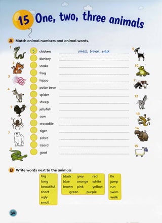 3
4
7
animals
Match animal numbers and animal words.
1t,
�
'1
5¥
�·
�
'
8
chicken
donkey
snake
frog
...................?.��•..�r.t?�I'.'.,. _i.iajjc...................
9�
..........................._
.......................................................
hippo .....................................................................
polar bear .....................................................................
spider .....................................................................
sheep ·····················································,················
jellyfish .....................................................................
cow
crocodile
tiger
zebra
lizard
goat
1
�
'
���
14
B Write words next to the animals.
'
---------�
big black
blue
brown
grey
orange
pink
red
white
yellow
long
beautiful
short
ugly
small
green purple
fly
1
jump
run
swim
walk
 