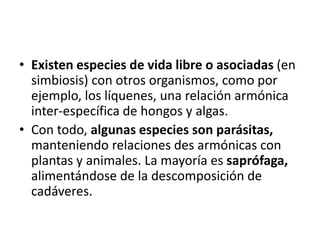 • Existen especies de vida libre o asociadas (en
  simbiosis) con otros organismos, como por
  ejemplo, los líquenes, una relación armónica
  inter-específica de hongos y algas.
• Con todo, algunas especies son parásitas,
  manteniendo relaciones des armónicas con
  plantas y animales. La mayoría es saprófaga,
  alimentándose de la descomposición de
  cadáveres.
 
