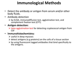 Immunological Methods
• Detect the antibody or antigen from serum and/or other
body fluids.
• Antibody detection
 by ELISA, immunodiffusion test, agglutination test, and
complement fixation test (CFT).
• Antigen detection:
 latex agglutination test for detecting cryptococcal antigen from
CSF
• lmmunohistochemistry:
 useful in deep mycoses
 detect antigens (e.g proteins) on the cells of a tissue section
 by using fluorescent tagged antibodies that bind specifically to
the antigens.
 