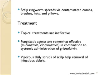 Scalp ringworm spreads via contaminated combs,
brushes, hats, and pillows.
Treatment
Topical treatments are ineffective
Fungistatic agents are somewhat effective
(miconazole, clotrimazole) in combination to
systemic administration of griseofulvin.
Vigorous daily scrubs of scalp help removal of
infectious debris.
29
www.juniordentist.com
 