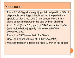 PROCEDURE :
 Place 0.2–0.5 g (dry weight) lyophilized pad in a 50-mL
disposable centrifuge tube, break up the pad with a
spatula or glass rod, add C. carbonum 5 mL 3 mm
glass beads and powder the pad by brief shaking.
 Add 10 mL (for a 0.5 g pad) of CTAB extraction buffer
(see recipe below), gently mix to wet all of the
powdered pad.
 Place in a 65°C water bath for 30 min.
 Cool, add equal volume of CHCl2:IAA (24:1).
 Mix, centrifuge in a table top fuge 10 min at full speed.
 