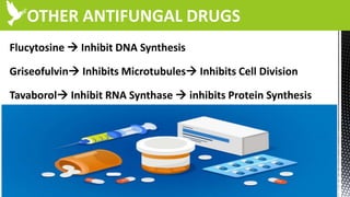 OTHER ANTIFUNGAL DRUGS
Flucytosine  Inhibit DNA Synthesis
Griseofulvin Inhibits Microtubules Inhibits Cell Division
Tavaborol Inhibit RNA Synthase  inhibits Protein Synthesis
 