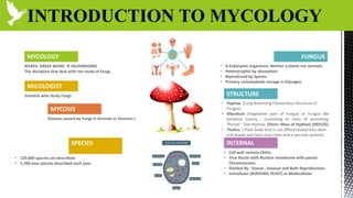 INTRODUCTION TO MYCOLOGY
FUNGUS
• A Eukaryotic organisms. Neither a plants nor animals.
• Heterotrophic by absorption
• Reproduced by Spores.
• Primary carbohydrate storage is Glycogen.
MYCOLOGY
MYKES: GREEK WORD  MUSHROOMS
The discipline that deal with the study of Fungi.
SPECIES
• 120,000 species are described
• 1,700 new species described each year..
INTERNAL
• Cell wall contain Chitin.
• True Nuclei with Nuclear membrane with paired
Chromosomes.
• Divided By : Sexual , Asexual and Both Reproduction.
• Unicellular (BUDDING YEAST) or Multicellular
MICOLOGIST
Scientist who study Fungi.
MYCOSIS
Disease caused by Fungi in Animals or Humans by Fungi.
STRUCTURE
• Hyphae (Long Branching Filamentous Structure of
Fungus)
• Mycelium (Vegetative part of Fungus or Fungus like
bacterial Colony , Consisting of mass of branching,
Thread – Like Hyphae. (Shiro: Mass of Hyphae) (MOLDS)
• Thallus ( Plant body that is not differentiated Into stem
and leaves and lacks true roots and a vascular system).
 