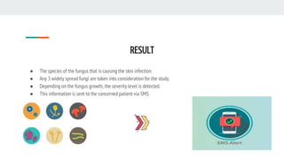 RESULT
● The species of the fungus that is causing the skin infection.
● Any 3 widely spread fungi are taken into consideration for the study.
● Depending on the fungus growth, the severity level is detected.
● This information is sent to the concerned patient via SMS.
 