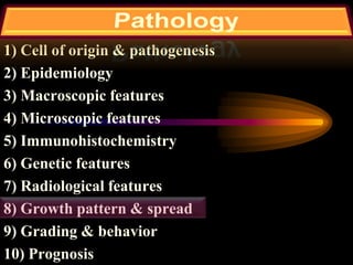 1) Cell of origin & pathogenesis
2) Epidemiology
3) Macroscopic features
4) Microscopic features
5) Immunohistochemistry
6) Genetic features
7) Radiological features
8) Growth pattern & spread
9) Grading & behavior
10) Prognosis
 