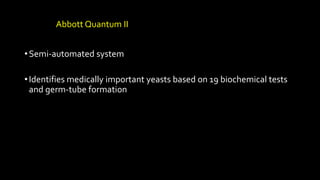 Abbott Quantum II
•Semi-automated system
•Identifies medically important yeasts based on 19 biochemical tests
and germ-tube formation
 