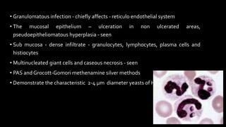 • Granulomatous infection - chiefly affects - reticulo endothelial system
• The mucosal epithelium – ulceration in non ulcerated areas,
pseudoepitheliomatous hyperplasia - seen
• Sub mucosa - dense infiltrate - granulocytes, lymphocytes, plasma cells and
histiocytes
• Multinucleated giant cells and caseous necrosis - seen
• PAS and Grocott-Gomori methenamine silver methods
• Demonstrate the characteristic 2-4 µm diameter yeasts of H.capsulatam
 