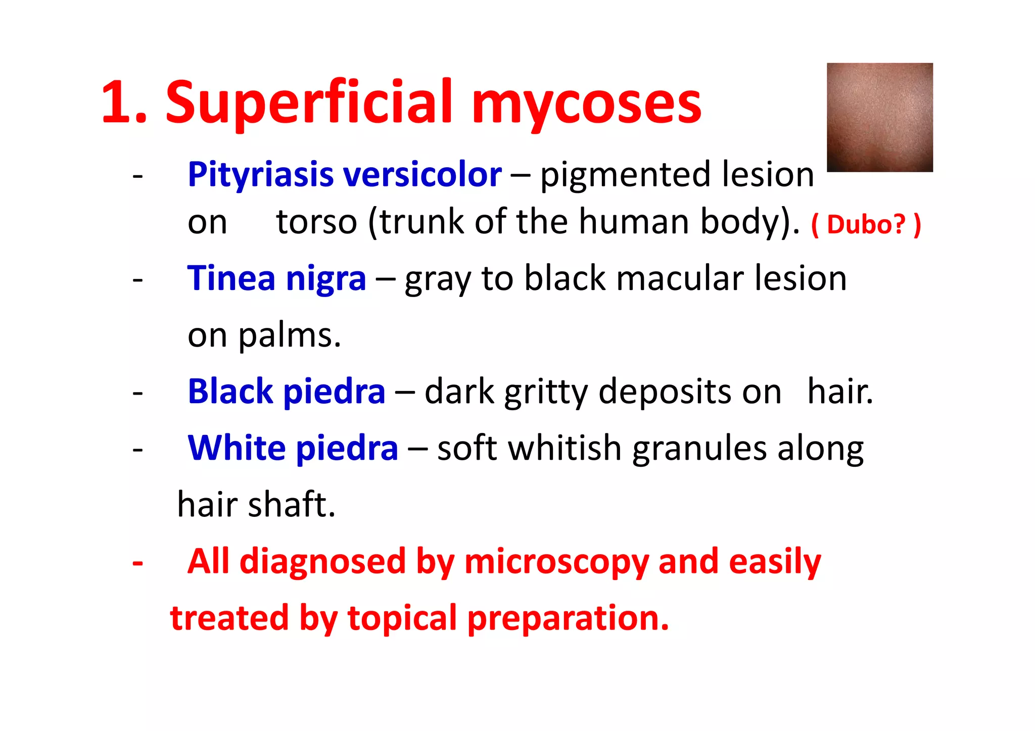 1. Superficial mycoses
 -    Pityriasis versicolor – pigmented lesion
      on torso (trunk of the human body). ( Dubo? )
 -    Tinea nigra – gray to black macular lesion
      on palms.
 -    Black piedra – dark gritty deposits on hair.
 -    White piedra – soft whitish granules along
     hair shaft.
 -    All diagnosed by microscopy and easily
     treated by topical preparation.
 