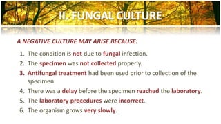 A NEGATIVE CULTURE MAY ARISE BECAUSE: 
1. The condition is not due to fungal infection. 
2. The specimen was not collected properly. 
3. Antifungal treatment had been used prior to collection of the 
specimen. 
4. There was a delay before the specimen reached the laboratory. 
5. The laboratory procedures were incorrect. 
6. The organism grows very slowly. 
 