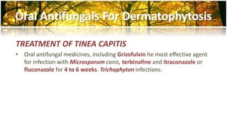 TREATMENT OF TINEA CAPITIS 
• Oral antifungal medicines, including Grizofulvin he most effective agent 
for infection with Microsporumcanis, terbinafine and itraconazole or 
fluconazole for 4 to 6 weeks. Trichophyton infections. 
 
