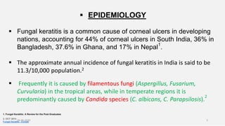  EPIDEMIOLOGY
 Fungal keratitis is a common cause of corneal ulcers in developing
nations, accounting for 44% of corneal ulcers in South India, 36% in
Bangladesh, 37.6% in Ghana, and 17% in Nepal
1
.
 The approximate annual incidence of fungal keratitis in India is said to be
11.3/10,000 population.2
 Frequently it is caused by filamentous fungi (Aspergillus, Fusarium,
Curvularia) in the tropical areas, while in temperate regions it is
predominantly caused by Candida species (C. albicans, C. Parapsilosis).
2
2. OCT 2014
Fungal Keratitis - Europe
1. Fungal Keratitis: A Review for the Post-Graduates
26-06-2020 3
 