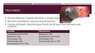 TREATMENT
 General Measures: Hospital admission is usually required
 Removal of epithelium: enhance drug penetration
 Topical antifungals: should be given hourly for 48 hours then reduced as per
condition
Candida Filamentous
Amphoterecin B (0.15%)
Natamycin (5%)
Fluconazole (2%)
Clotrimazole (1%)
Voriconazole (1% or 2%)
Natamycin (5%)
Amphoterecin B (0.15%)
Miconazole (1%)
Voriconazole (1% or 2%)
 