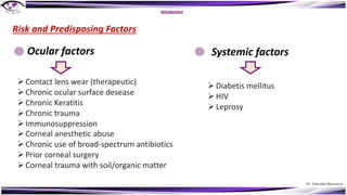 Dr. Tukezban Huseynova
Introduction
Risk and Predisposing Factors
ØContact lens wear (therapeutic)
ØChronic ocular surface desease
ØChronic Keratitis
ØChronic trauma
ØImmunosuppression
ØCorneal anesthetic abuse
ØChronic use of broad-spectrum antibiotics
ØPrior corneal surgery
ØCorneal trauma with soil/organic matter
Ocular factors Systemic factors
ØDiabetis mellitus
ØHIV
ØLeprosy
 