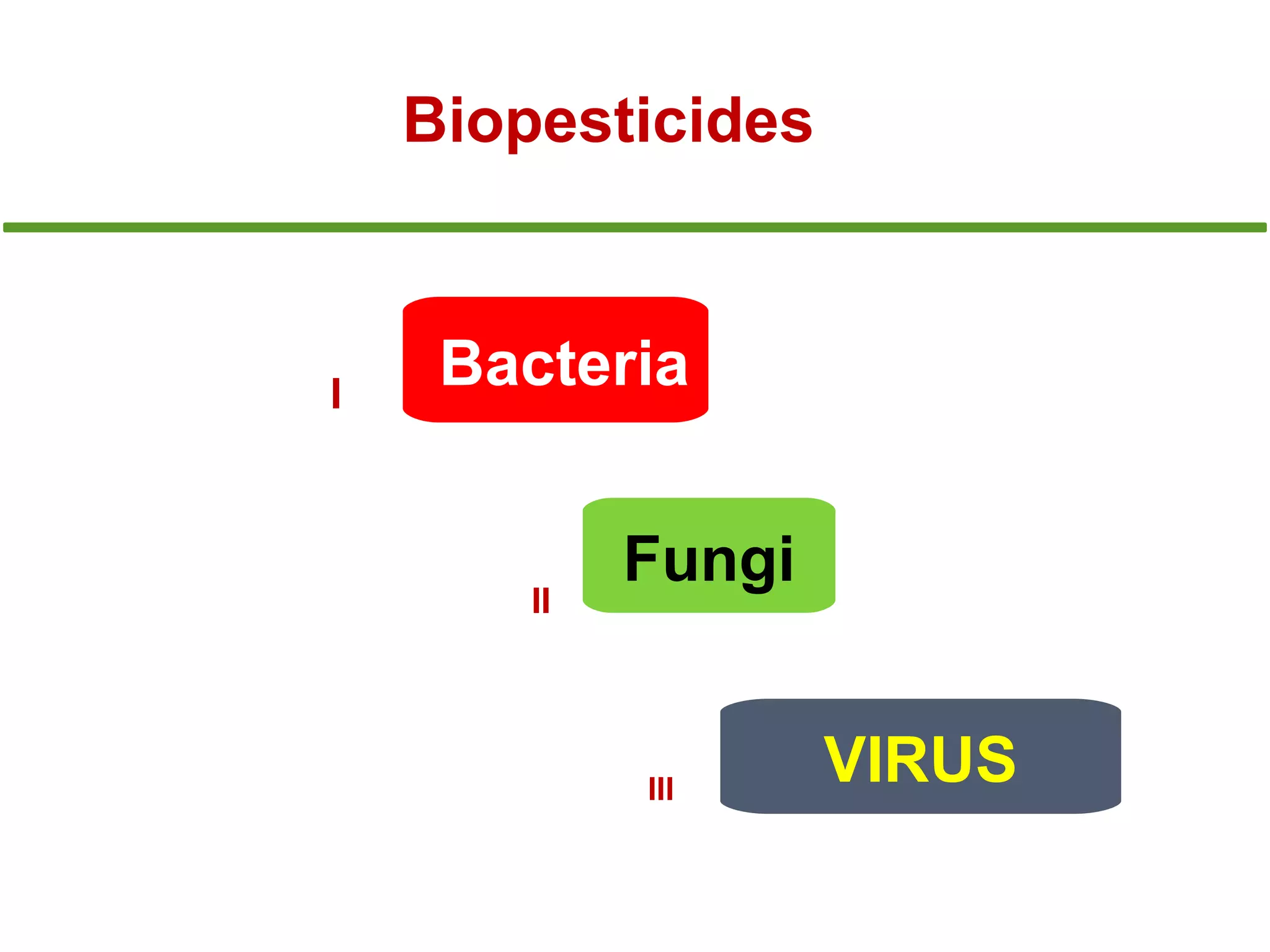 Biopesticides 
VIRUS 
Bacteria I 
Fungi 
II 
III 
 