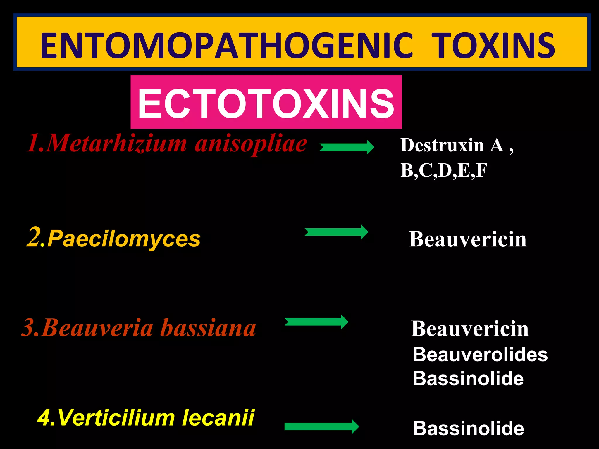 ENTOMOPATHOGENIC TOXINS 
1.Metarhizium anisopliae Destruxin A , 
B,C,D,E,F 
2.Paecilomyces Beauvericin 
3.Beauveria bassiana Beauvericin 
Beauverolides 
Bassinolide 
4.Verticilium lecanii 
Bassinolide 
ECTOTOXINS 
 