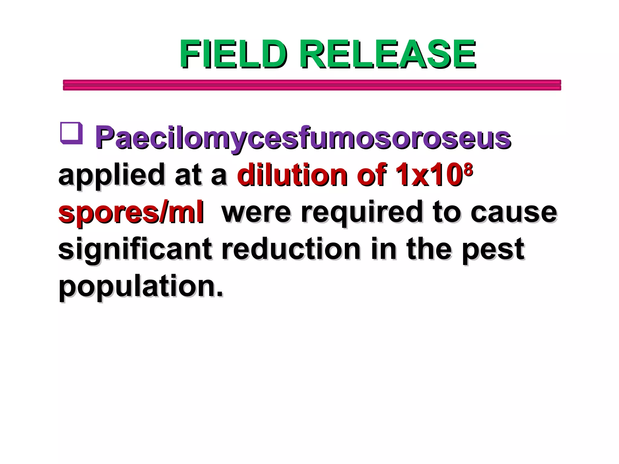 FFIIEELLDD RREELLEEAASSEE 
 PPaaeecciilloommyycceessffuummoossoorroosseeuuss 
aapppplliieedd aatt aa ddiilluuttiioonn ooff 11xx110088 
ssppoorreess//mmll wweerree rreeqquuiirreedd ttoo ccaauussee 
ssiiggnniiffiiccaanntt rreedduuccttiioonn iinn tthhee ppeesstt 
ppooppuullaattiioonn.. 
 