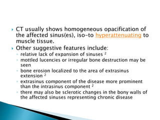  CT usually shows homogeneous opacification of
the affected sinus(es), iso-to hyperattenuating to
muscle tissue.
 Other suggestive features include:
◦ relative lack of expansion of sinuses 2
◦ mottled lucencies or irregular bone destruction may be
seen
◦ bone erosion localized to the area of extrasinus
extension 2
◦ extrasinus component of the disease more prominent
than the intrasinus component 2
◦ there may also be sclerotic changes in the bony walls of
the affected sinuses representing chronic disease
 