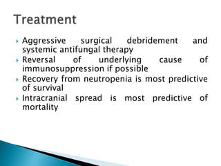  Aggressive surgical debridement and
systemic antifungal therapy
 Reversal of underlying cause of
immunosuppression if possible
 Recovery from neutropenia is most predictive
of survival
 Intracranial spread is most predictive of
mortality
 