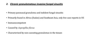 2. Chronic granulomatous invasive fungal sinusitis
• Primary paranasal granuloma and indolent fungal sinusitis
• Primarily found in Africa (Sudan) and Southeast Asia, only few case reports in US
• Immunocompetent
• Caused by Aspergillus flavus
• Characterized by non-caseating granulomas in the tissues
 