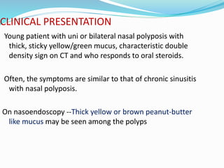 CLINICAL PRESENTATION
Young patient with uni or bilateral nasal polyposis with
thick, sticky yellow/green mucus, characteristic double
density sign on CT and who responds to oral steroids.
Often, the symptoms are similar to that of chronic sinusitis
with nasal polyposis.
On nasoendoscopy --Thick yellow or brown peanut-butter
like mucus may be seen among the polyps
 