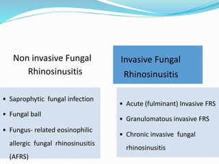Non invasive Fungal
Rhinosinusitis
• Saprophytic fungal infection
• Fungal ball
• Fungus- related eosinophilic
allergic fungal rhinosinusitis
(AFRS)
Invasive Fungal
Rhinosinusitis
• Acute (fulminant) Invasive FRS
• Granulomatous invasive FRS
• Chronic invasive fungal
rhinosinusitis
 