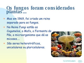 Os fungos foram considerados plantas... Mas em 1969, foi criado um reino separado para os fungos. No Reino Fungi estão os Cogumelos, o Mofo, o Fermento de Pão, o microorganismo que dá as micoses.... São seres heterotróficos, unicelulares ou pluricelulares. 
