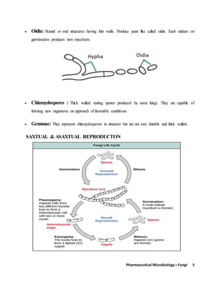 Pharmaceutical Microbiology> Fungi 8
 Oidia: Round or oval structures having thin walls. Produce yeast like called oidia. Each oidium on
germination produces new mycelium.
 Chlamydospores : Thick walled resting spores produced by some fungi. They are capable of
forming new organisms on approach of favorable conditions
 Gemmae: They represent chlamydospores in structure but are not very durable and thick walled.
SAXTUAL & ASAXTUAL REPRODUCTON
 