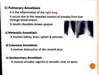 b)Pulmonary Amoebiasis
It is the inflammation of the right lung.
It occurs due to the repeated invasion of amoeba from liver
through blood stream.
It results chocolate brown sputum.
c) Metastatic Amoebiasis
It involves kidney, brain, spleen &adrenals.
d) Cutaneous Amoebiasis
It involves destruction of skin around anus.
e) Genitourinary Amoebiasis
It involves amoebic vaginitis or amoebic ulcer on penis.
 