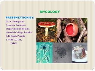 MYCOLOGY
PRESENTATION BY:
Dr. N. Sannigrahi,
Associate Professor,
Department of Botany,
Nistarini College, Purulia,
D.B. Road, Purulia
( W.B), 723101,
INDIA.
 