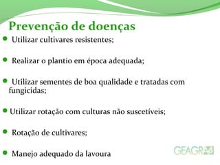  Utilizar cultivares resistentes;
 Realizar o plantio em época adequada;
 Utilizar sementes de boa qualidade e tratadas com
fungicidas;
Utilizar rotação com culturas não suscetíveis;
 Rotação de cultivares;
 Manejo adequado da lavoura
Prevenção de doenças
 