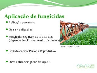 Aplicação preventiva
De 1 a 3 aplicações
Fungicidas seguram de 10 a 20 dias
(depende do clima e pressão da doença)
Período critico: Período Reprodutivo
Devo aplicar em plena floração?
Aplicação de fungicidas
Fonte: Fundação Goiás
 