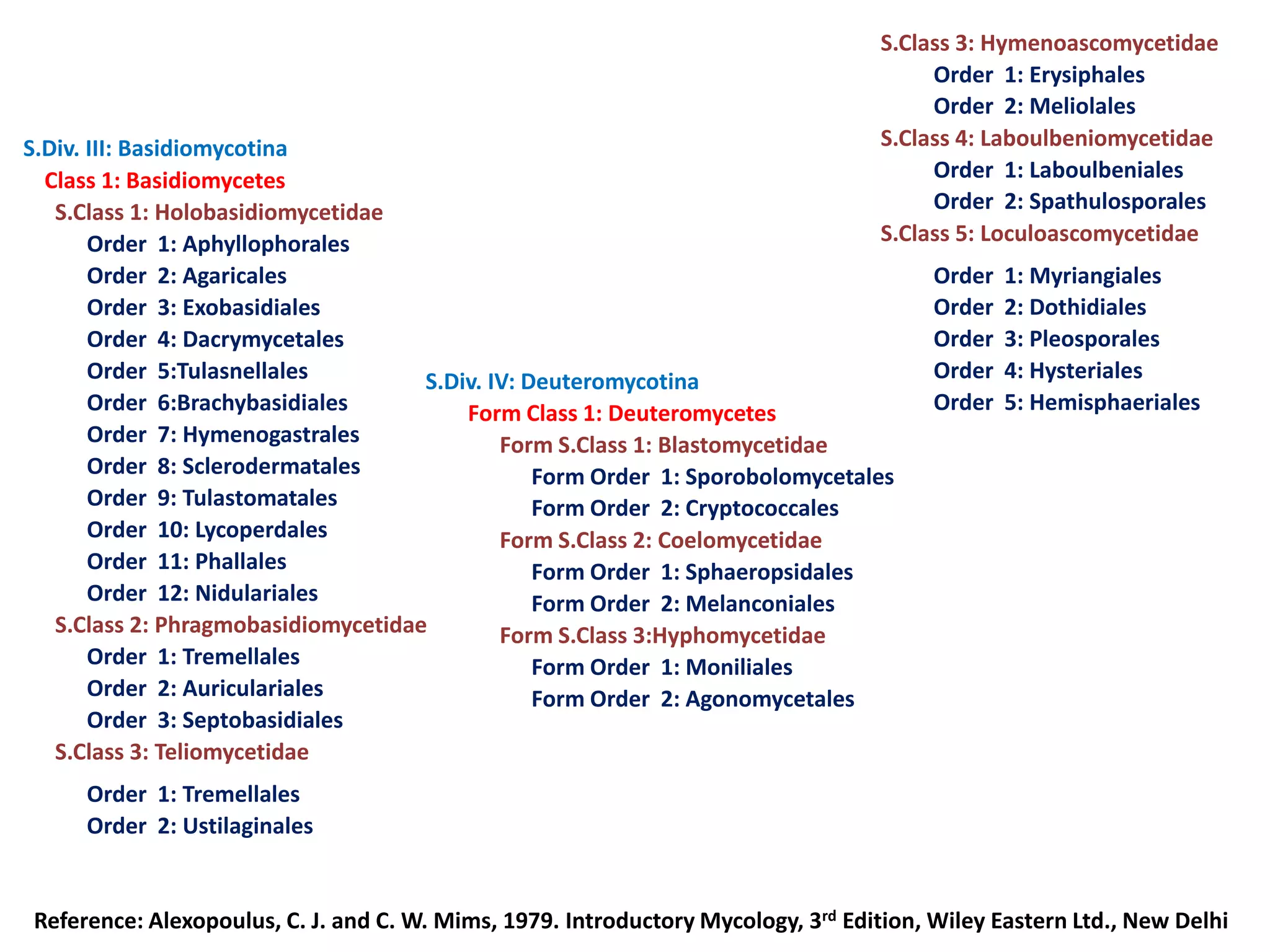 S.Class 3: Hymenoascomycetidae
Order 1: Erysiphales
Order 2: Meliolales
S.Class 4: Laboulbeniomycetidae
Order 1: Laboulbeniales
Order 2: Spathulosporales
S.Class 5: Loculoascomycetidae
Order 1: Myriangiales
Order 2: Dothidiales
Order 3: Pleosporales
Order 4: Hysteriales
Order 5: Hemisphaeriales
S.Div. III: Basidiomycotina
Class 1: Basidiomycetes
Order 1: Aphyllophorales
S.Class 2: Phragmobasidiomycetidae
S.Class 1: Holobasidiomycetidae
Order 2: Agaricales
Order 3: Exobasidiales
Order 4: Dacrymycetales
Order 5:Tulasnellales
Order 6:Brachybasidiales
Order 7: Hymenogastrales
Order 8: Sclerodermatales
Order 9: Tulastomatales
Order 10: Lycoperdales
Order 11: Phallales
Order 12: Nidulariales
Order 1: Tremellales
Order 2: Auriculariales
Order 3: Septobasidiales
S.Class 3: Teliomycetidae
Order 1: Tremellales
Order 2: Ustilaginales
S.Div. IV: Deuteromycotina
Form Class 1: Deuteromycetes
Form S.Class 1: Blastomycetidae
Form Order 1: Sporobolomycetales
Form Order 2: Cryptococcales
Form S.Class 2: Coelomycetidae
Form Order 1: Sphaeropsidales
Form S.Class 3:Hyphomycetidae
Form Order 2: Melanconiales
Form Order 1: Moniliales
Form Order 2: Agonomycetales
Reference: Alexopoulus, C. J. and C. W. Mims, 1979. Introductory Mycology, 3rd Edition, Wiley Eastern Ltd., New Delhi
 