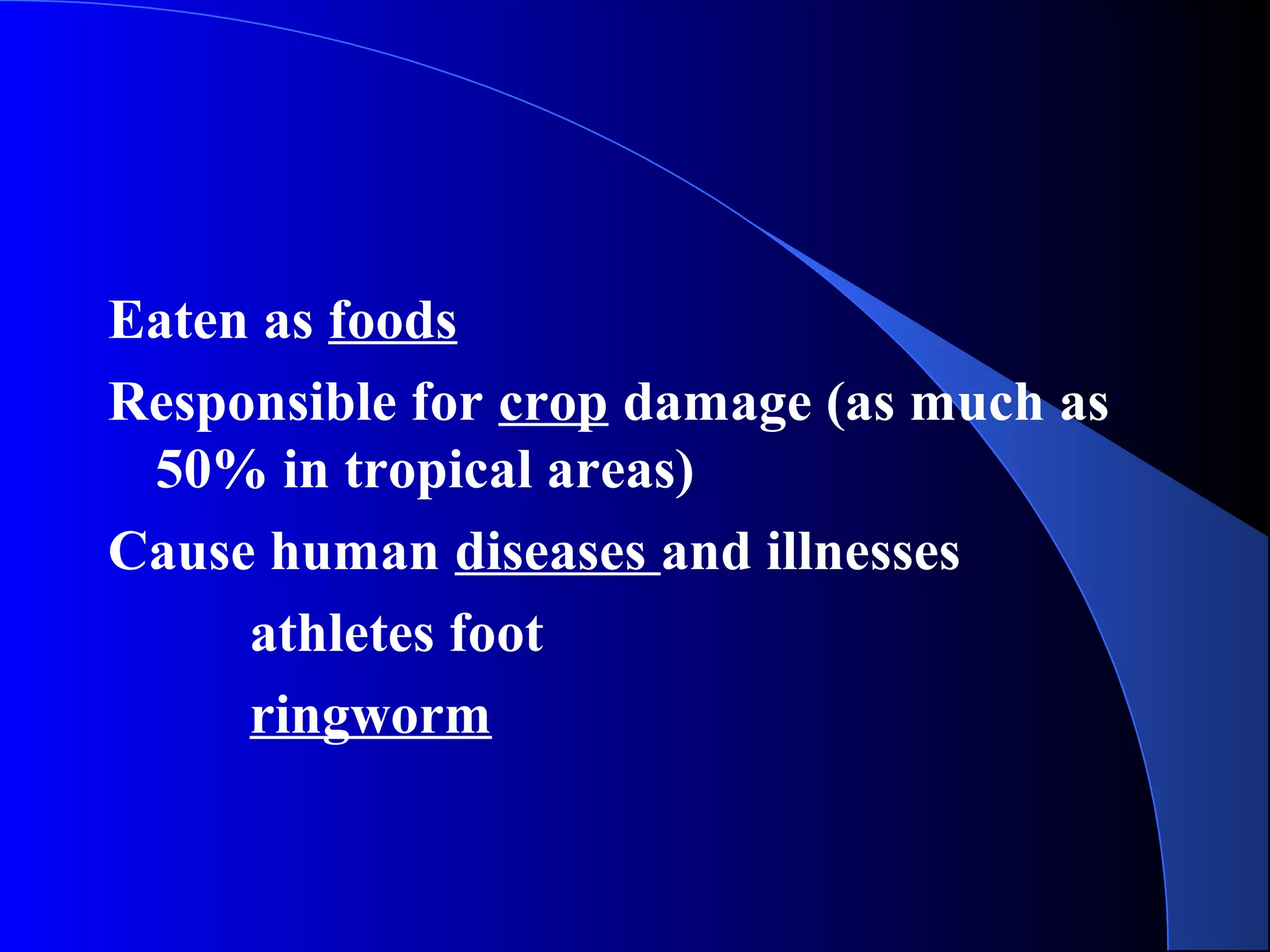 Eaten as foods
Responsible for crop damage (as much as
50% in tropical areas)
Cause human diseases and illnesses
athletes foot
ringworm
 