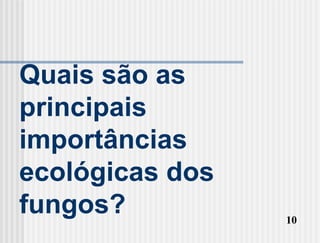 Quais são as
principais
importâncias
ecológicas dos
fungos?          10
 