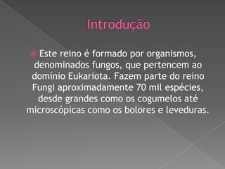 Este reino é formado por organismos,
denominados fungos, que pertencem ao
domínio Eukariota. Fazem parte do reino
Fungi aproximadamente 70 mil espécies,
desde grandes como os cogumelos até
microscópicas como os bolores e leveduras.


 