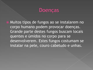 

Muitos tipos de fungos ao se instalarem no
corpo humano podem provocar doenças.
Grande parte destes fungos buscam locais
quentes e úmidos no corpo para se
desenvolverem. Estes fungos costumam se
instalar na pele, couro cabeludo e unhas.

 