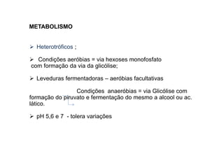 METABOLISMO 
 Heterotróficos ; 
 Condições aeróbias = via hexoses monofosfato 
com formação da via da glicólise; 
 Leveduras fermentadoras – aeróbias facultativas 
Condições anaeróbias = via Glicólise com 
formação do piruvato e fermentação do mesmo a alcool ou ac. 
lático. 
 pH 5,6 e 7 - tolera variações 
 