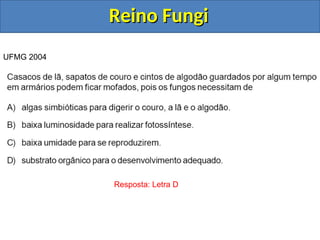 Reino Fungi
Reino Fungi
UFMG 2004
Resposta: Letra D
 