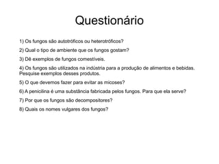 Questionário
1) Os fungos são autotróficos ou heterotróficos?
2) Qual o tipo de ambiente que os fungos gostam?
3) Dê exemplos de fungos comestíveis.
4) Os fungos são utilizados na indústria para a produção de alimentos e bebidas.
Pesquise exemplos desses produtos.
5) O que devemos fazer para evitar as micoses?
6) A penicilina é uma substância fabricada pelos fungos. Para que ela serve?
7) Por que os fungos são decompositores?
8) Quais os nomes vulgares dos fungos?
 