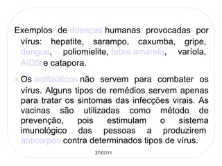 Exemplos de  doenças  humanas provocadas por vírus: hepatite, sarampo, caxumba, gripe,  dengue , poliomielite,  febre amarela , varíola,  AIDS  e catapora. Os  antibióticos  não servem para combater os vírus. Alguns tipos de remédios servem apenas para tratar os sintomas das infecções virais. As vacinas são utilizadas como método de prevenção, pois estimulam o sistema imunológico das pessoas a produzirem  anticorpos  contra determinados tipos de vírus. 