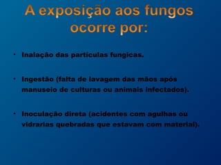 • Inalação das partículas fungicas.
• Ingestão (falta de lavagem das mãos após
manuseio de culturas ou animais infectados).
• Inoculação direta (acidentes com agulhas ou
vidrarias quebradas que estavam com material).
 
